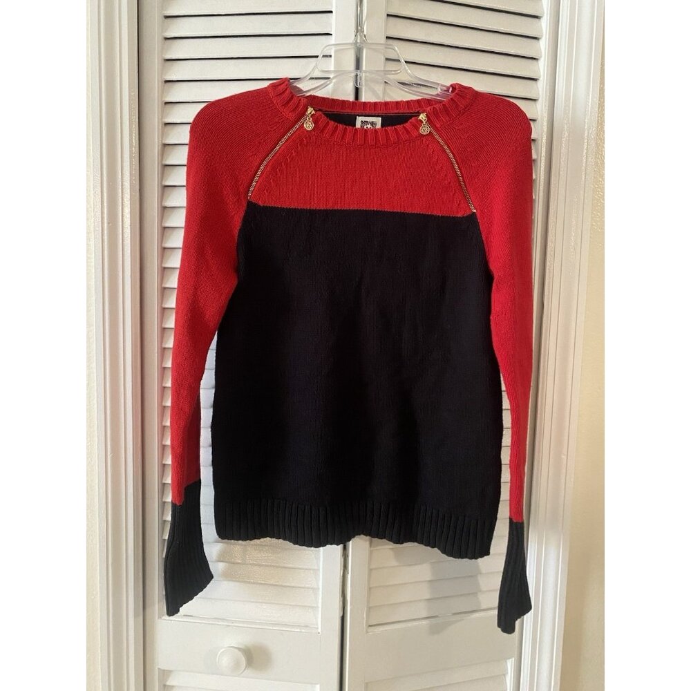 Anne Klein Womens Top Sweater Sz S Gold Zipper Black Red Long Sleeve Career Fall